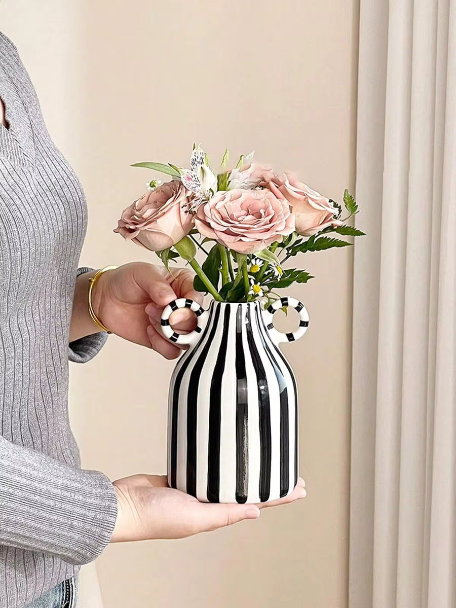 1pc Black & White Striped Ceramic Vase, Hand-Painted Modern Minimalist Boho Decor, Center Dining Table, Kitchen Desk, Bookshelf, Bedroom Aesthetic