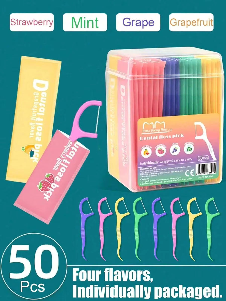 50pcs/Box Colorful Dental Floss & Toothpicks Combo, 4 Flavors - Gentle & Effective, Disposable, Individually Packaged, Suitable For Home, Travel And Bathroom Use, 50pcs/30pcs